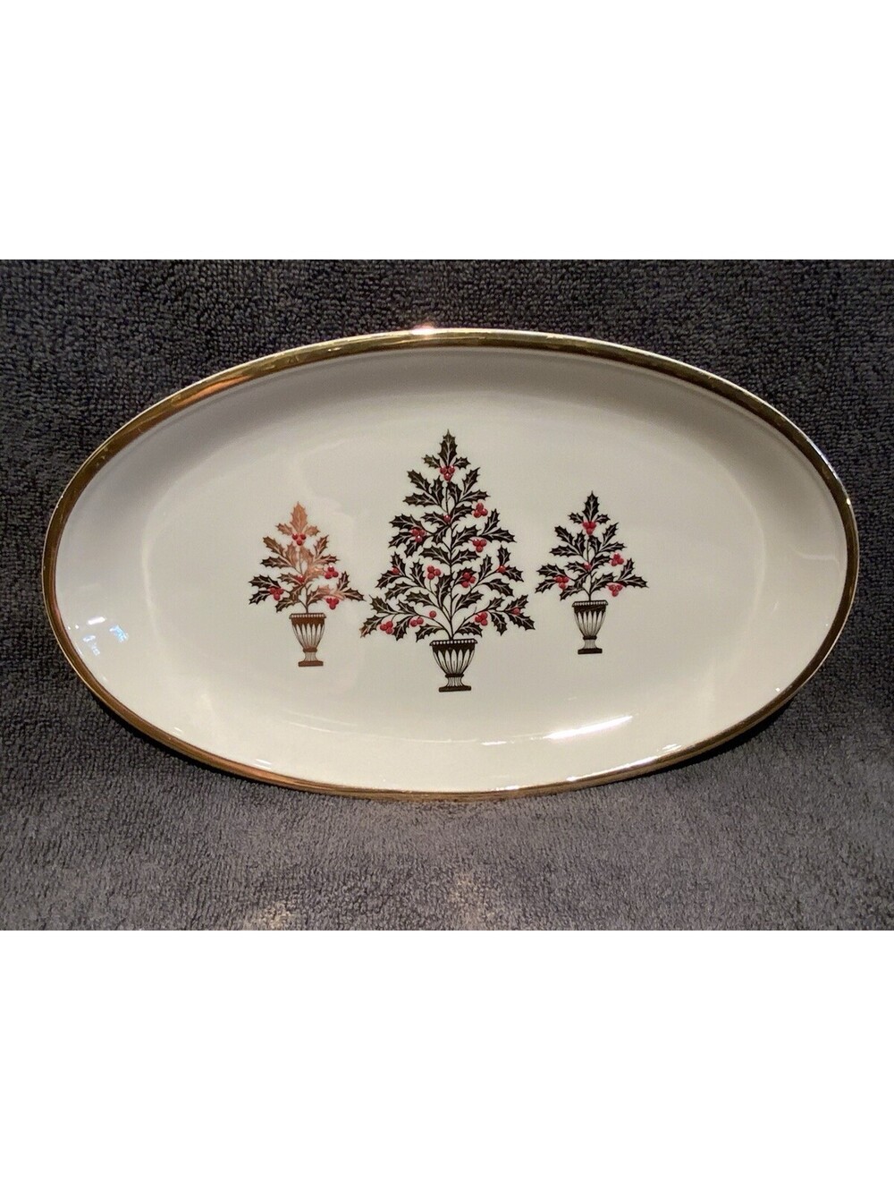 Lenox Winter Gold Collection - Holly Trees Oval Bone China Dish w/24k Gold Rim